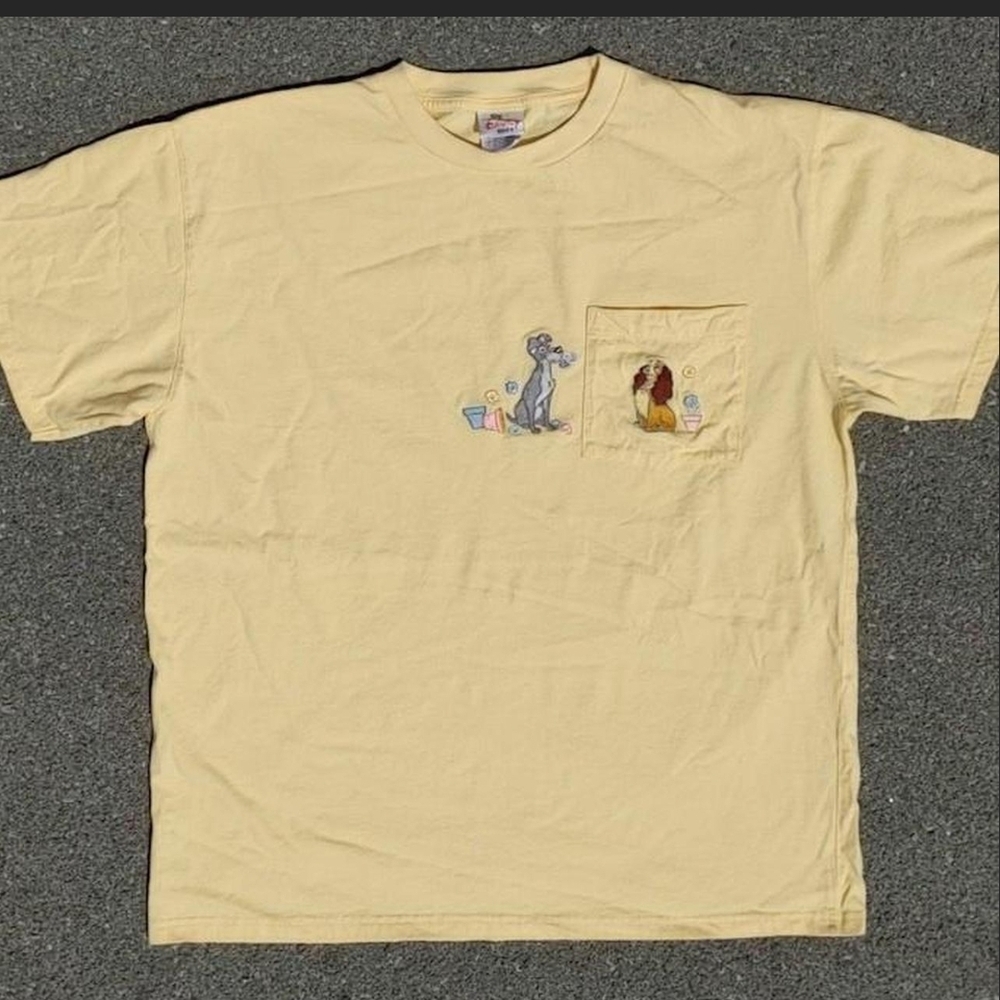 Vtg 90s Disney Store Lady and the Tramp Embroidered Pocket T-Shirt XL